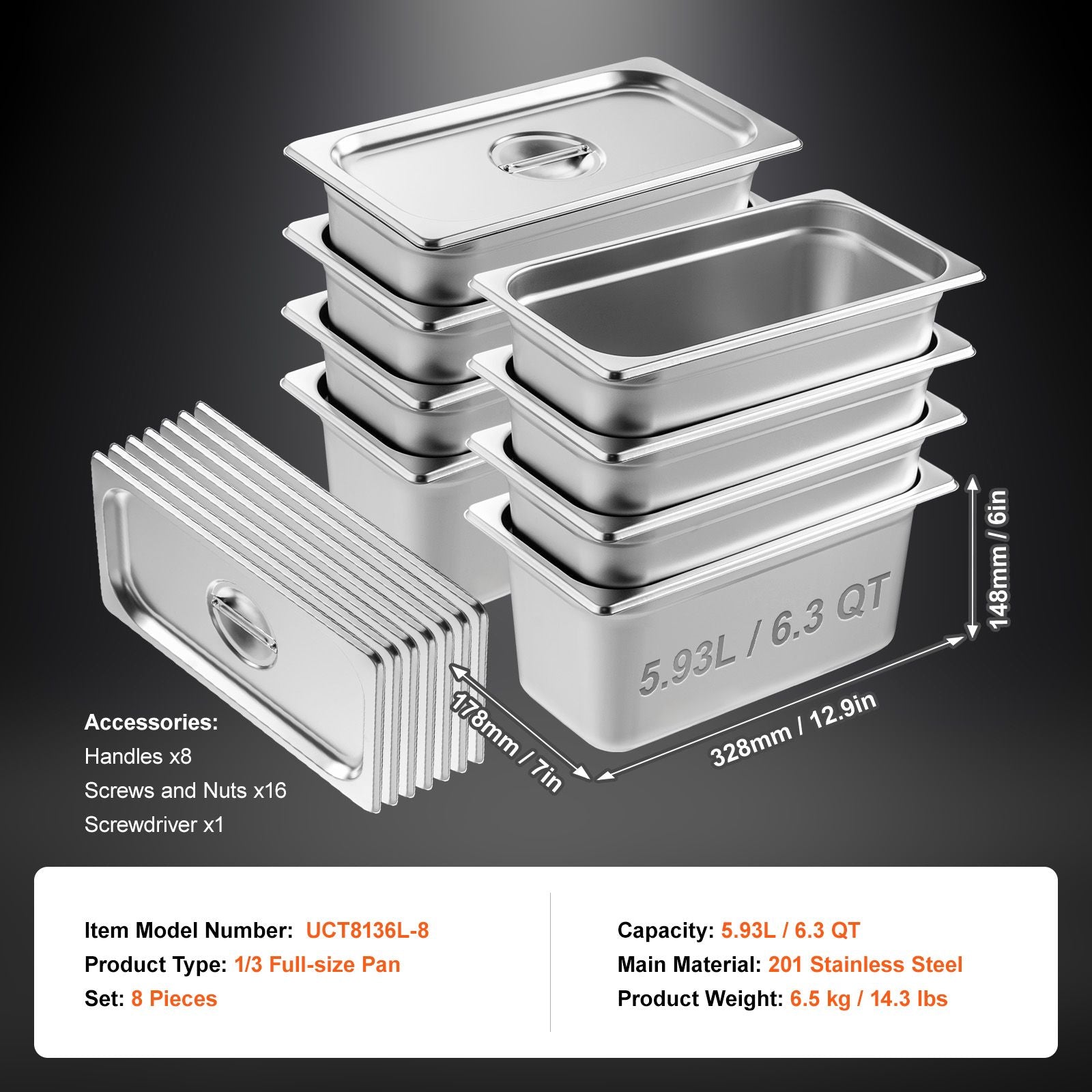 8 Pack Hotel Pans, 1/3 Size Anti-Jam Steam Pan with Lid, 0.8mm Thick Stainless Steel Steam Table Pan, 6-Inch Deep Commercial Table Pan, Catering Storage Food Pan, for Industrial & Scientific