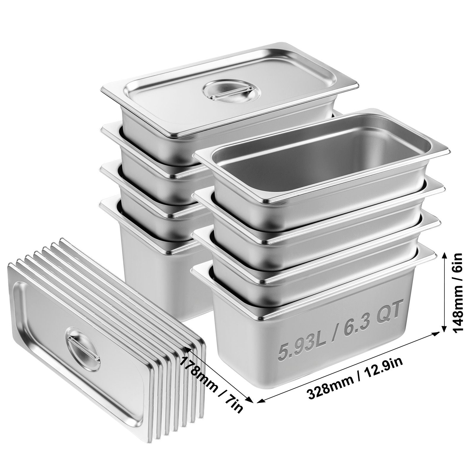 8 Pack Hotel Pans, 1/3 Size Anti-Jam Steam Pan with Lid, 0.8mm Thick Stainless Steel Steam Table Pan, 6-Inch Deep Commercial Table Pan, Catering Storage Food Pan, for Industrial & Scientific