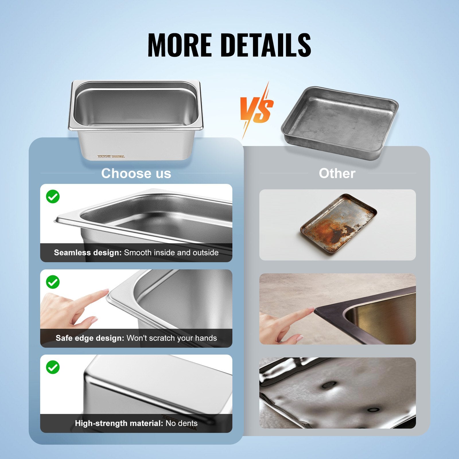 8 Pack Hotel Pans, 1/3 Size Anti-Jam Steam Pan with Lid, 0.8mm Thick Stainless Steel Steam Table Pan, 6-Inch Deep Commercial Table Pan, Catering Storage Food Pan, for Industrial & Scientific