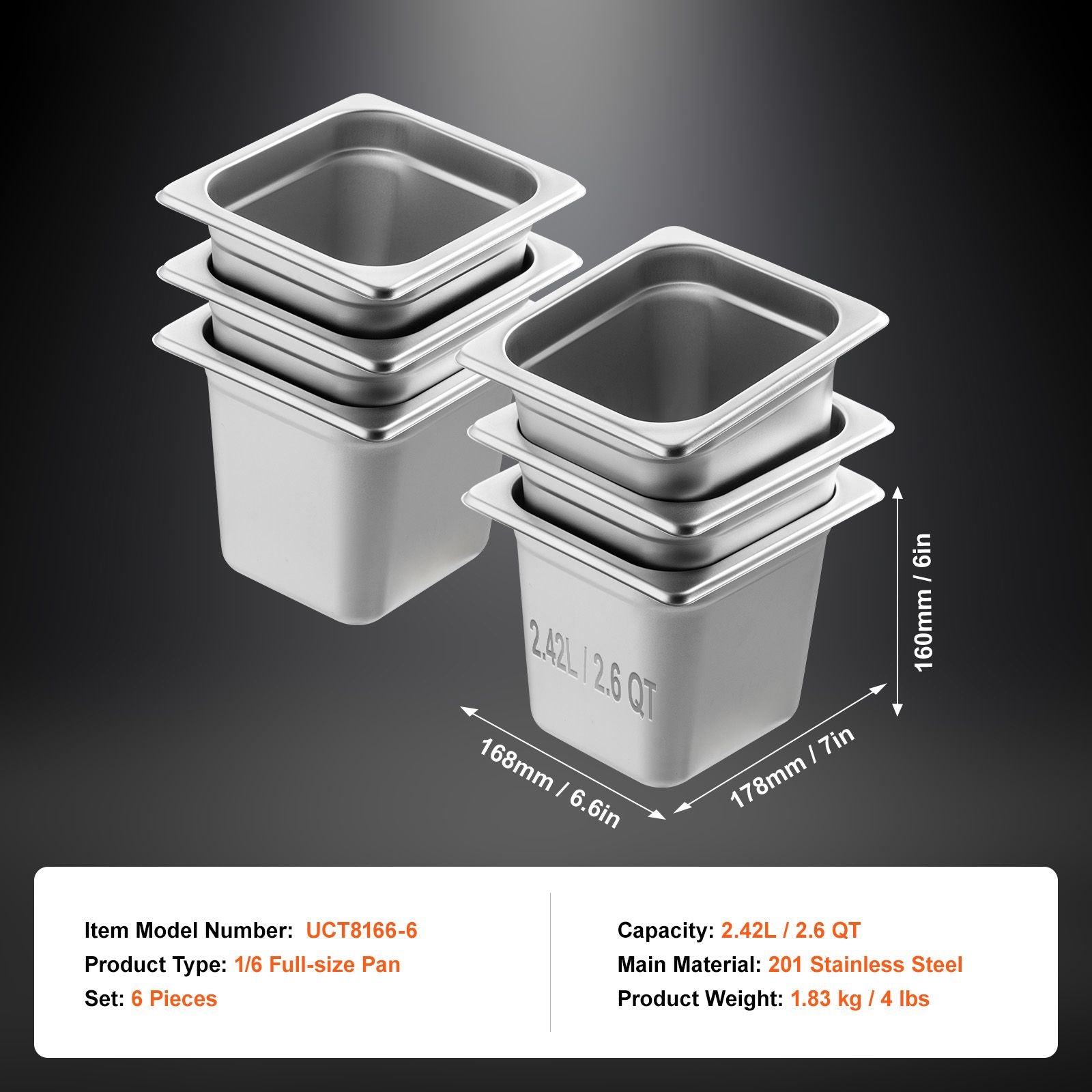6 Pack Hotel Pans, 1/6 Size Anti-Jam Steam Pan, 0.8mm Thick Stainless Steel Restaurant Steam Table Pan, 6-Inch Deep Commercial Table Pan, Catering Storage Food Pan, for Industrial & Scientific