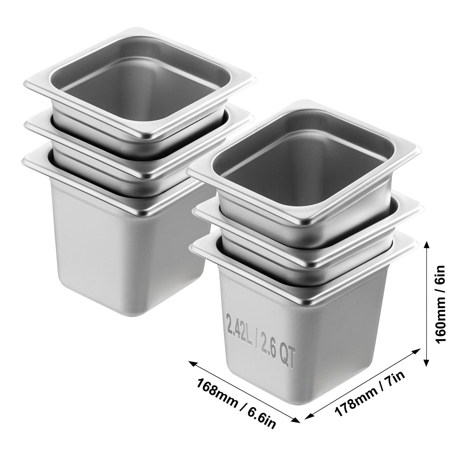 6 Pack Hotel Pans, 1/6 Size Anti-Jam Steam Pan, 0.8mm Thick Stainless Steel Restaurant Steam Table Pan, 6-Inch Deep Commercial Table Pan, Catering Storage Food Pan, for Industrial & Scientific