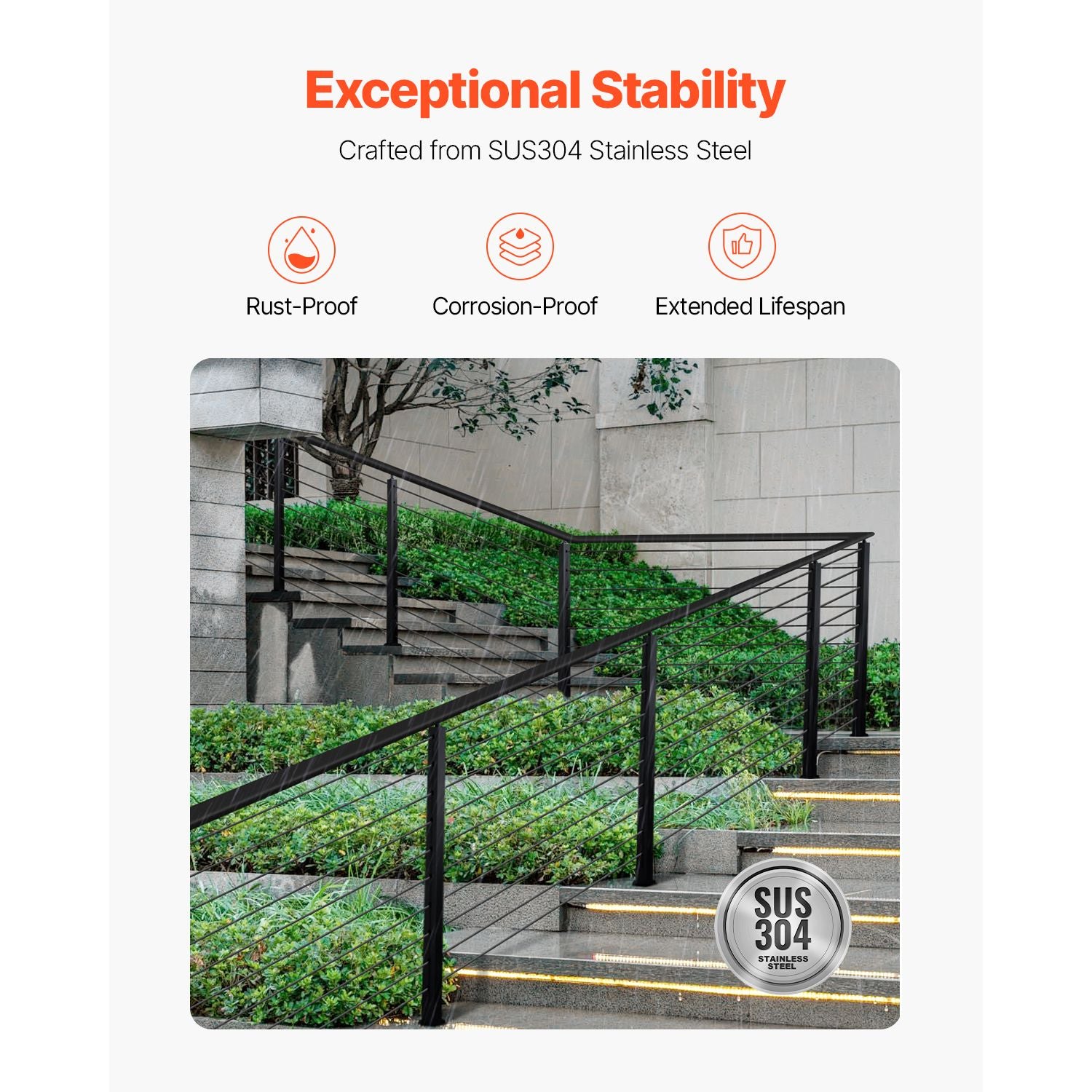 36" Stainless Steel Cable Railing Post 30° Angled Holes Stair Deck