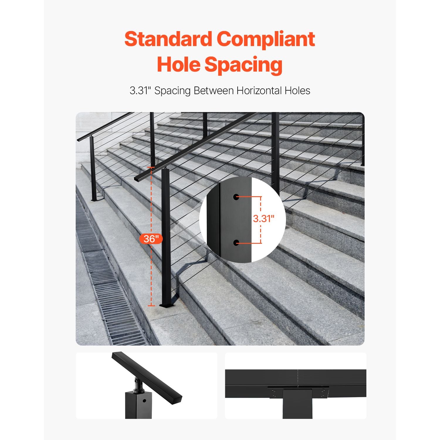 36" Stainless Steel Cable Railing Post 30° Angled Holes Stair Deck