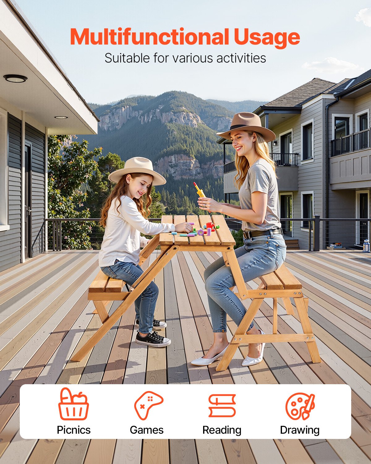 2-in-1 Transforming Interchangeable Picnic Table, Outdoor Wooden Table and Bench Set, Portable Foldable Bench with Umbrella Hole, Patio Dining Furniture for Garden, Backyard, Porch (Brown)