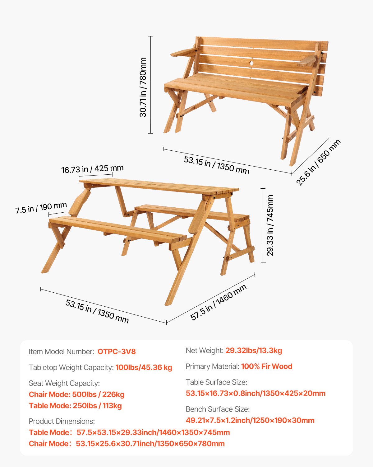 2-in-1 Transforming Interchangeable Picnic Table, Outdoor Wooden Table and Bench Set, Portable Foldable Bench with Umbrella Hole, Patio Dining Furniture for Garden, Backyard, Porch (Brown)
