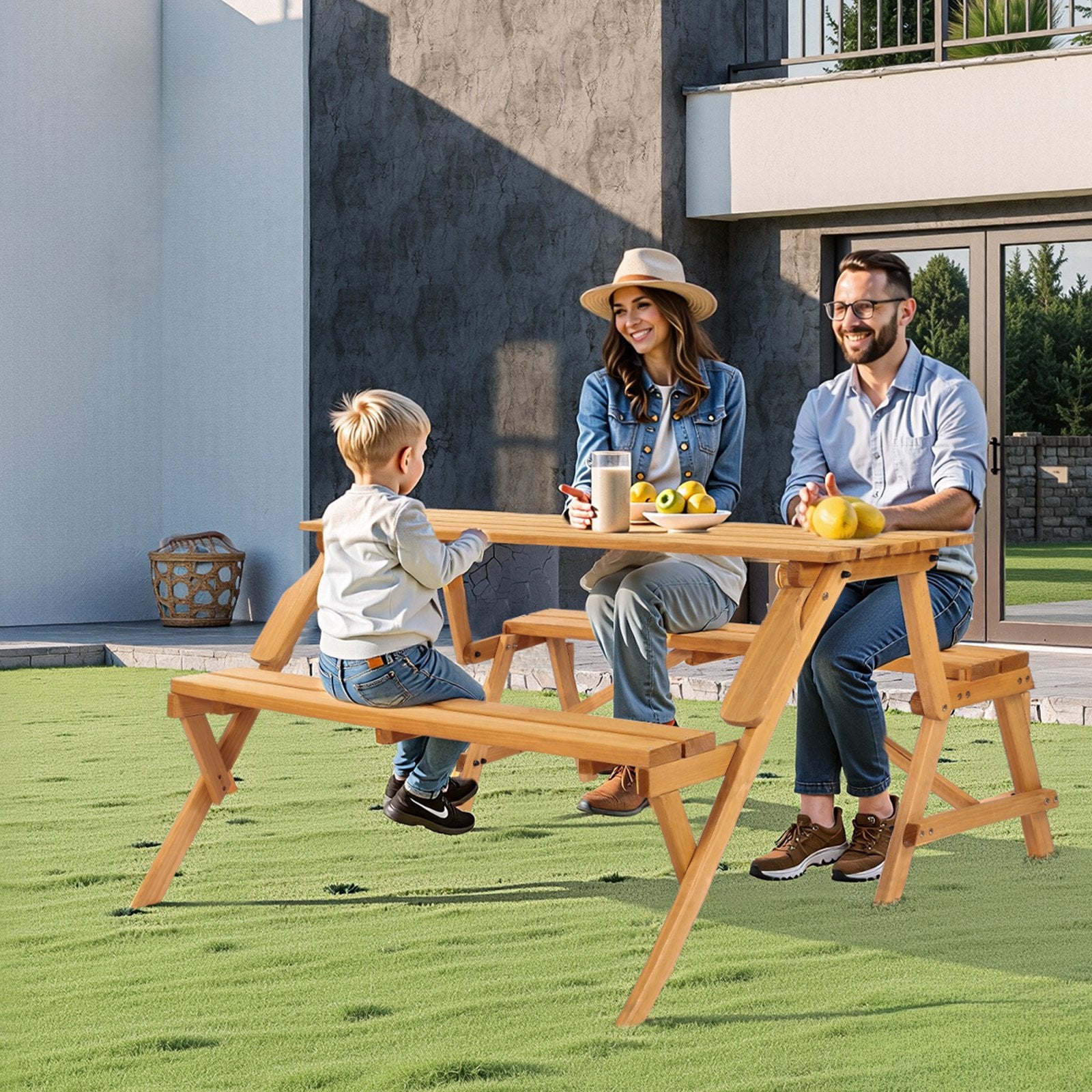 2-in-1 Transforming Interchangeable Picnic Table, Outdoor Wooden Table and Bench Set, Portable Foldable Bench with Umbrella Hole, Patio Dining Furniture for Garden, Backyard, Porch (Brown)