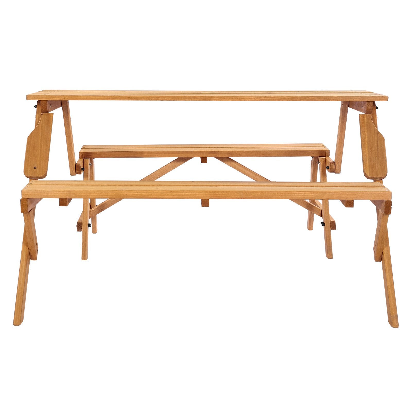 2-in-1 Transforming Interchangeable Picnic Table, Outdoor Wooden Table and Bench Set, Portable Foldable Bench with Umbrella Hole, Patio Dining Furniture for Garden, Backyard, Porch (Brown)