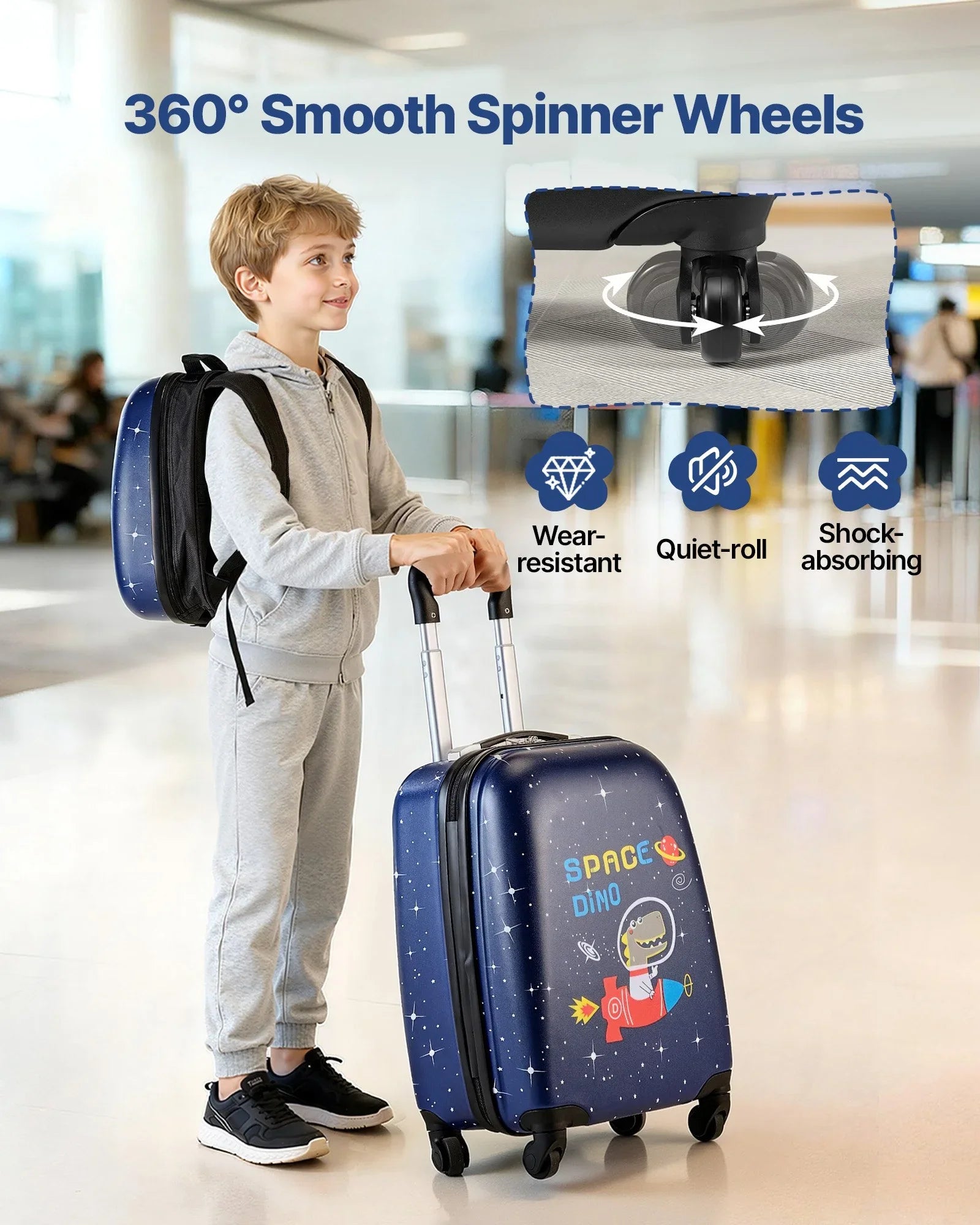 Kids Luggage Set, 2 Piece, 45.7 cm Hardside Rolling Wheels Suitcase with Hard-Shell Backpack, Dinosaur Kids Carry on Luggage Set, Holiday Birthday Present for Girls & Boys, Airline Approved