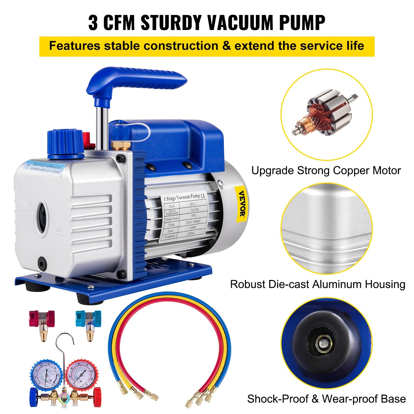 3CFM 84 L/M 1-Stage, Refrigerant Vacuum Pump Refrigeration Gauges A/C Air Conditioning 1440 RPM 1/4 HP, 3 pcs hoses 800 PSI Refrigeration Gauges