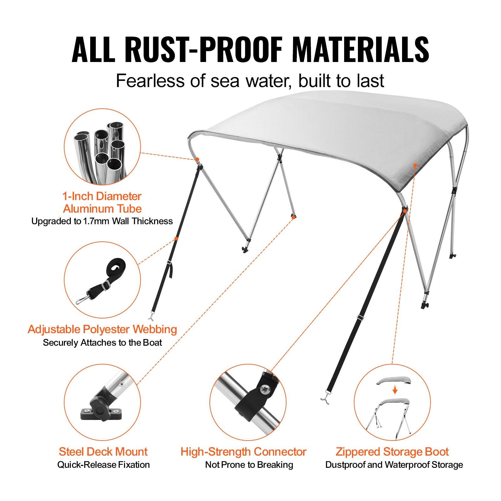 3 Bow Bimini Top Boat Cover, 900D Polyester Canopy with 1