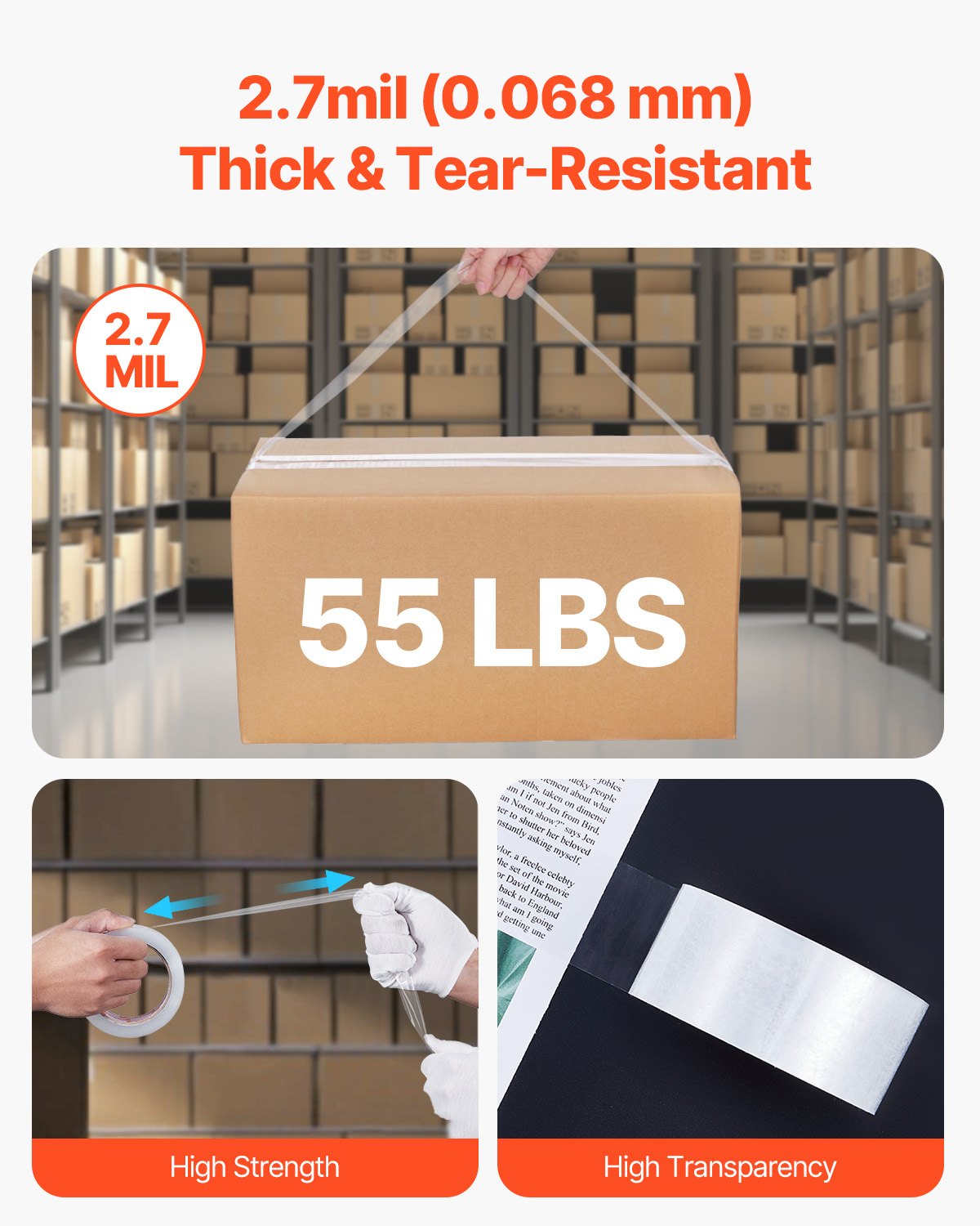 VEVOR Packing Tape 12 Rolls 65 Yards Clear Shipping Tape with Dispenser 2.7 Mil