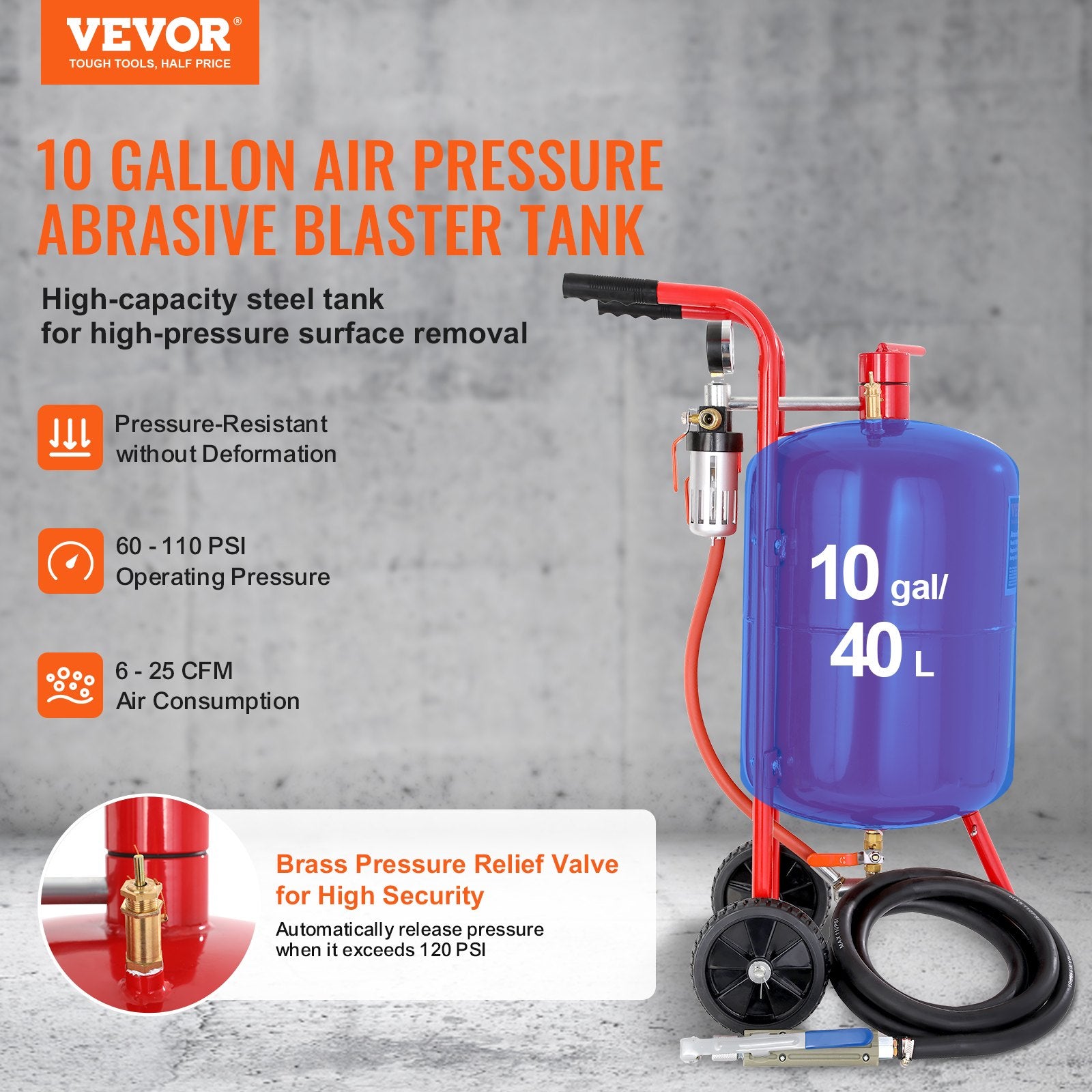 10Gal/40L Sandblaster Equipped w/Nozzle Shut-Off Valve Pressure Gauge Ceramic Nozzle Rubber Wheels Grit Power Sand Blasters Portable Sandblasting Equipment