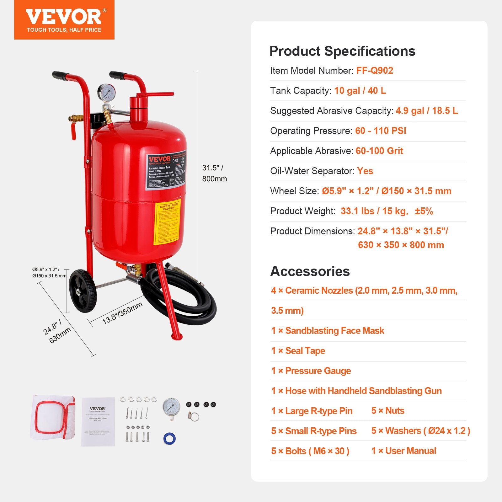 10Gal/40L Sandblaster Equipped w/Nozzle Shut-Off Valve Pressure Gauge Ceramic Nozzle Rubber Wheels Grit Power Sand Blasters Portable Sandblasting Equipment