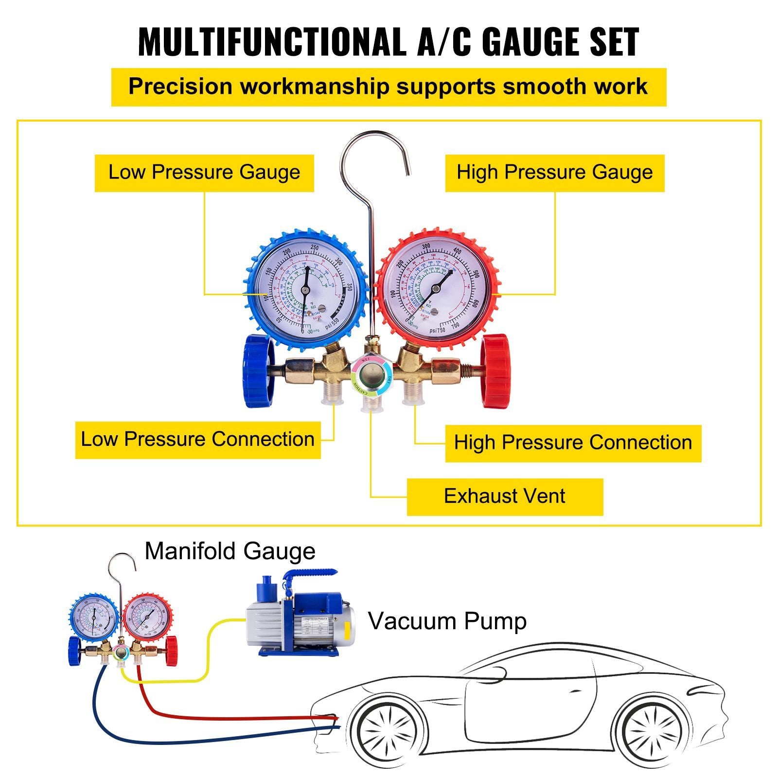 Vacuum Pump 4.8CFM 1/3HP Air Vacuum Pump HVAC A/C Air Refrigerant Rotary Vane Vacuum Pump Single Stage 4 Valve AC Manifold Gauge Set (4.8CFM1/3HP)
