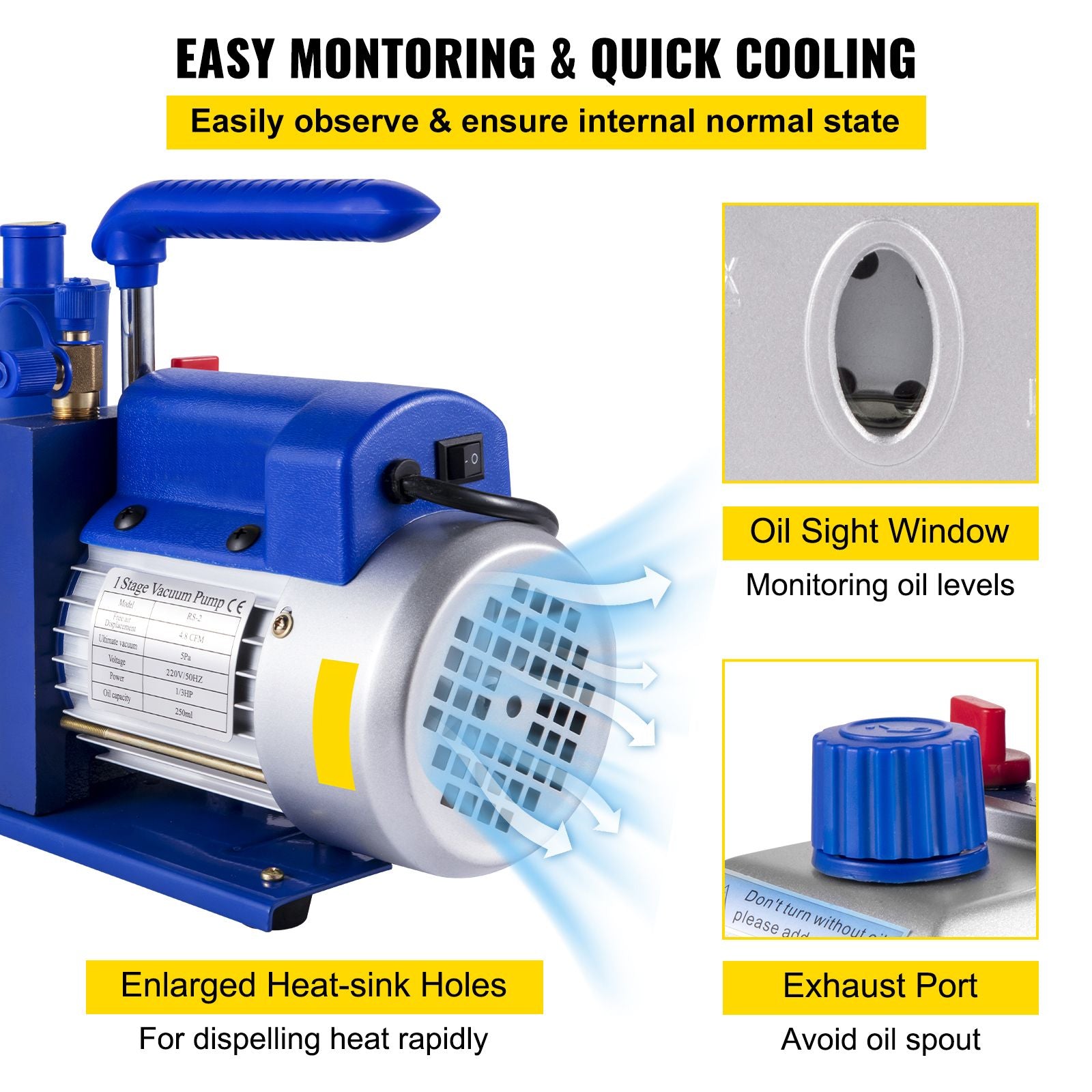 Vacuum Pump 4.8CFM 1/3HP Air Vacuum Pump HVAC A/C Air Refrigerant Rotary Vane Vacuum Pump Single Stage 4 Valve AC Manifold Gauge Set (4.8CFM1/3HP)