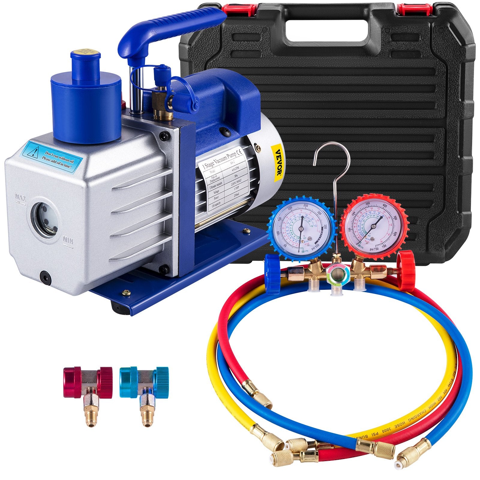 Vacuum Pump 4.8CFM 1/3HP Air Vacuum Pump HVAC A/C Air Refrigerant Rotary Vane Vacuum Pump Single Stage 4 Valve AC Manifold Gauge Set (4.8CFM1/3HP)