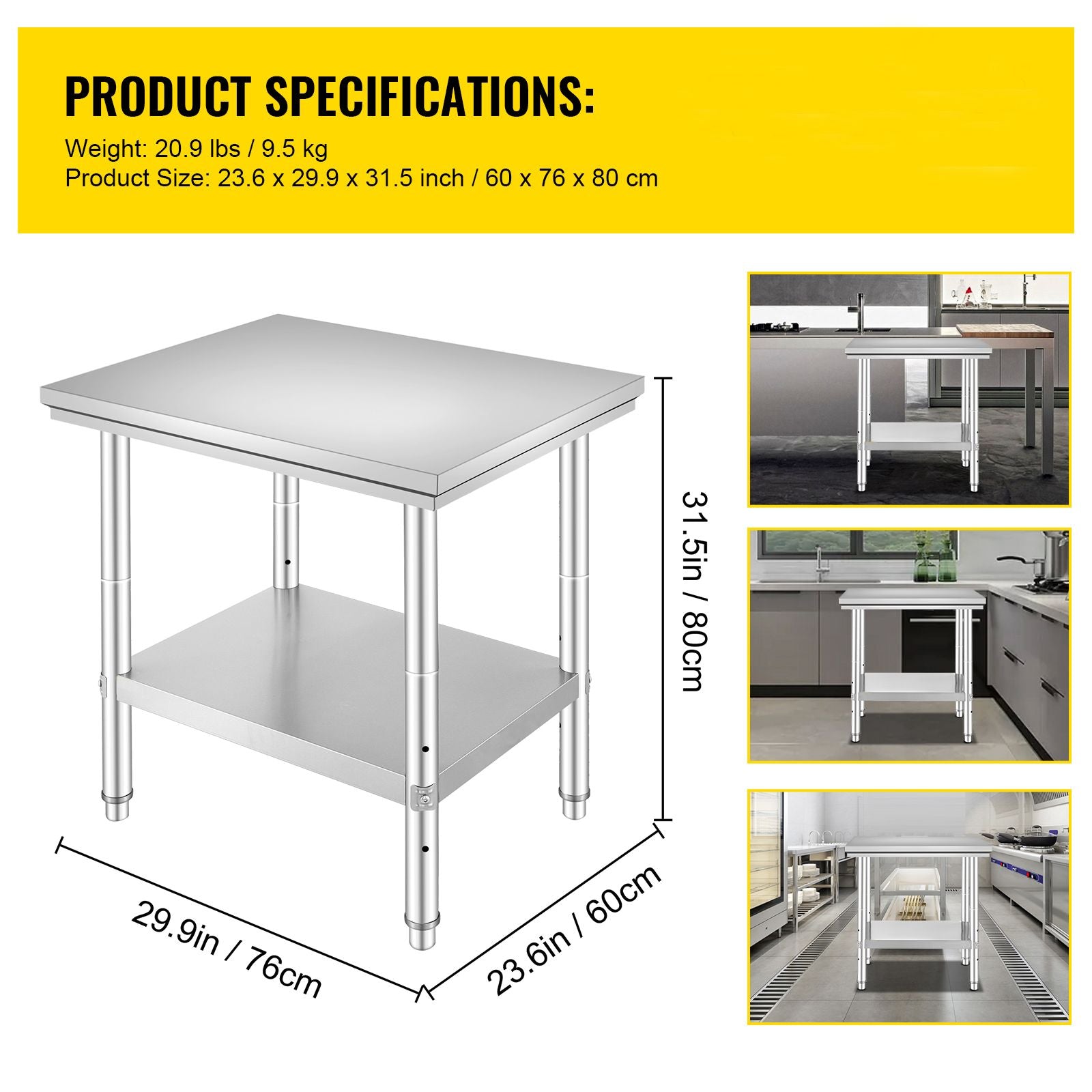 Commercial Worktable & Workstation 24 x 30 x 32 Inch Stainless Steel Work Table Heavy Duty Commercial Food Prep Work Table for Home, Kitchen, Restaurant Metal Prep Table with Adjustable Feet