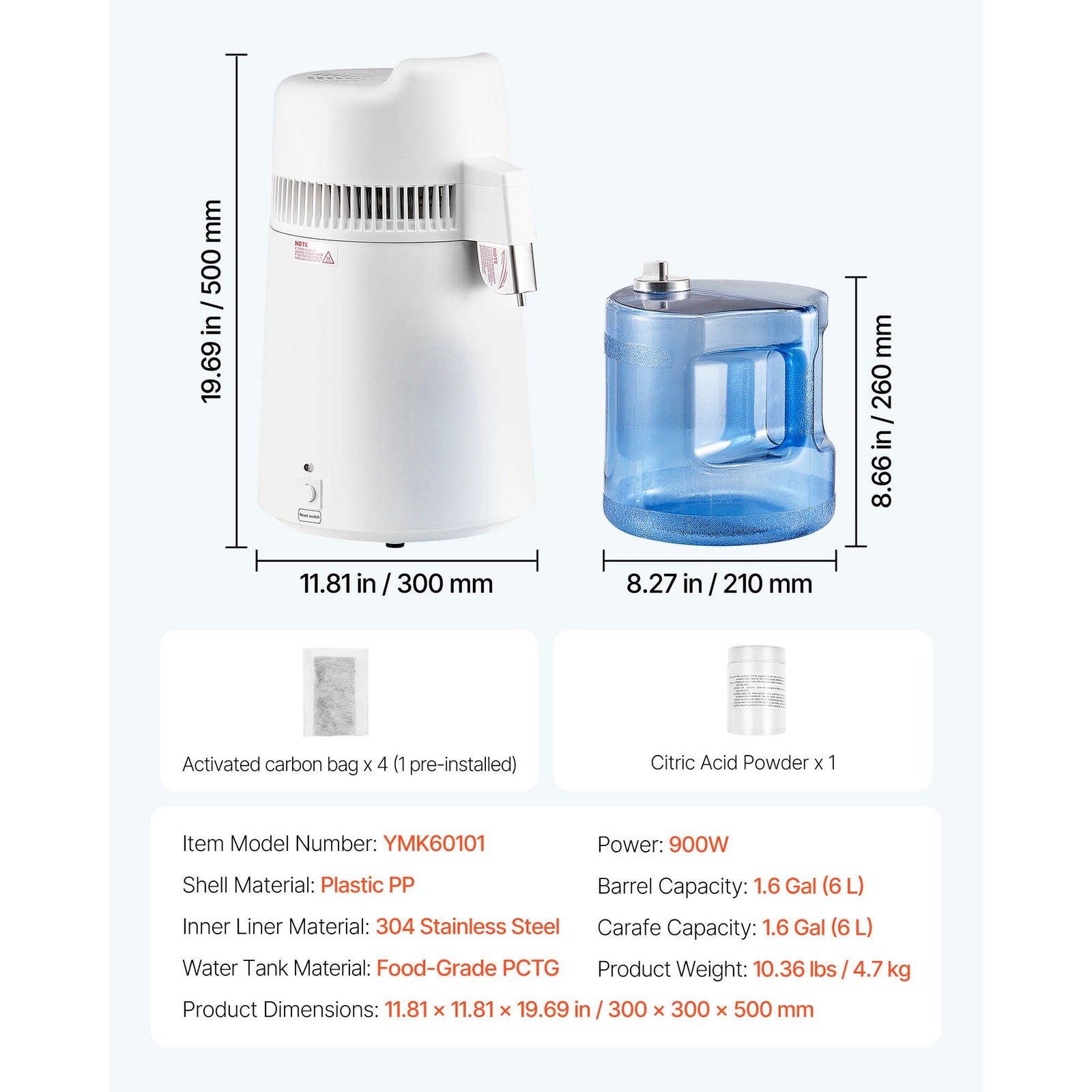 6L Water Distiller Home Countertop Purifier Machine 900W Plastic Container