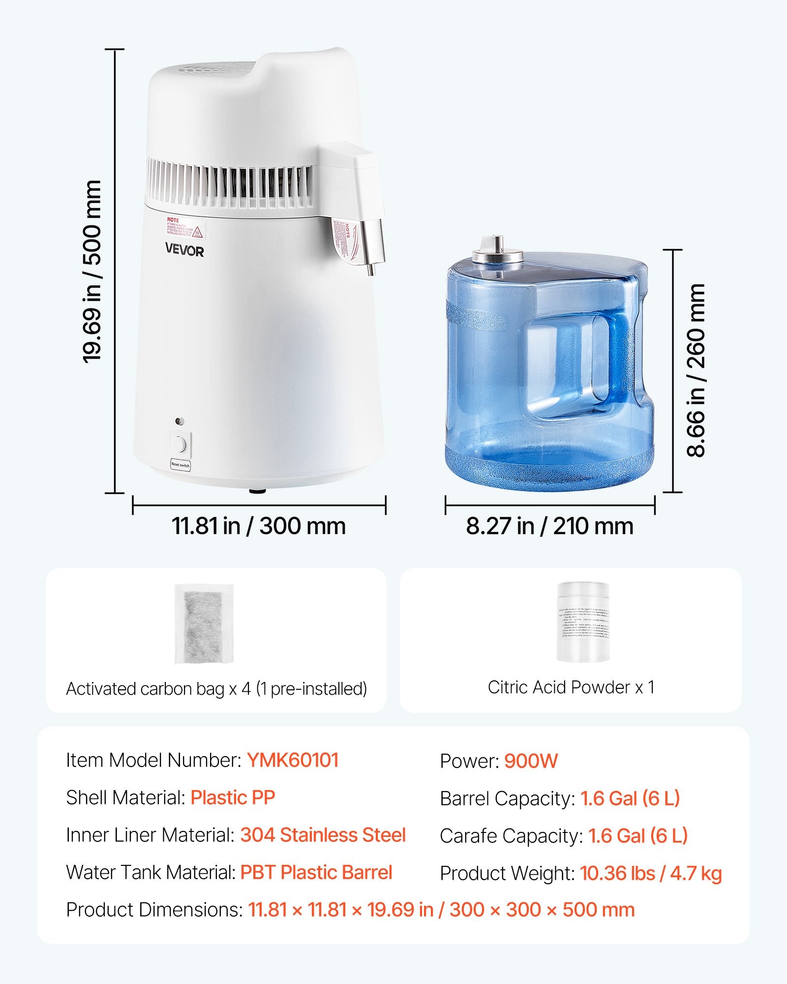 6L Water Distiller Home Countertop Purifier Machine 900W Plastic Container