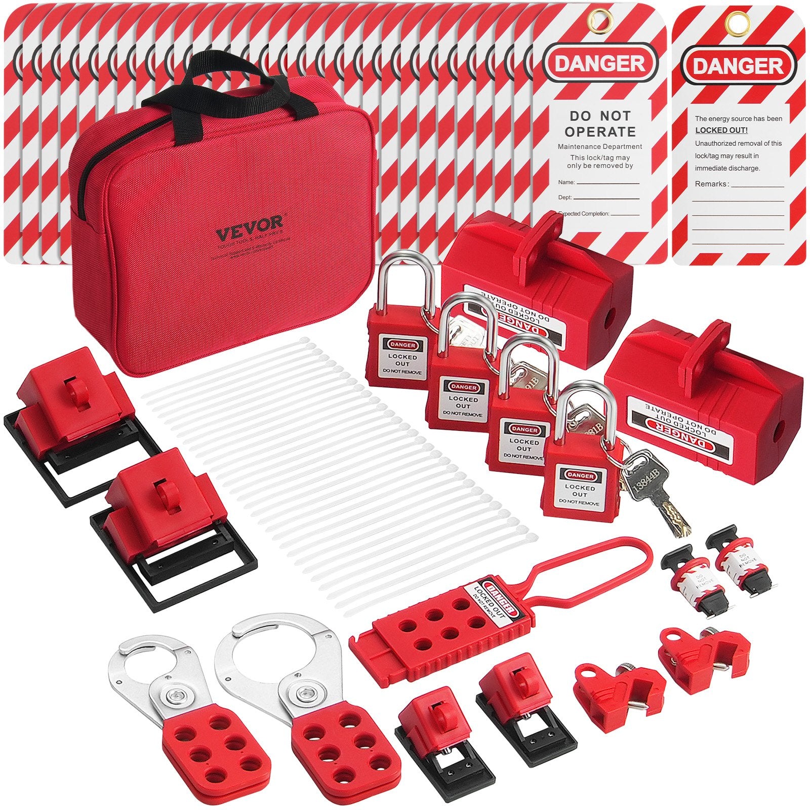 Electrical Lockout Tagout Kit, 47 PCS Safety Loto Kit Includes Padlocks, Hasps, Tags, Nylon Ties, Plug Lockouts, Circuit Breaker Lockouts, and Carrying Bag, for Industrial, Electric Power