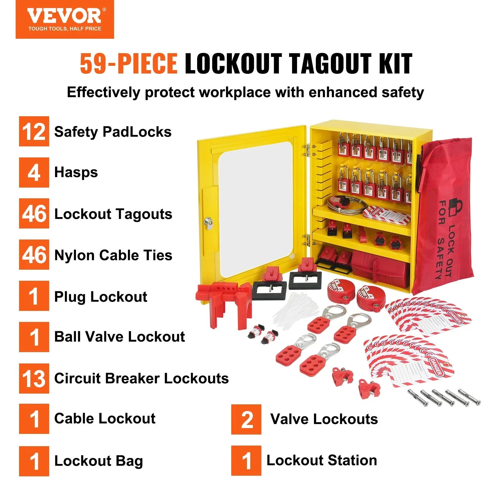 Electrical Lockout Tagout Kit, 59 PCS Safety Lockout Tagout Station With Padlocks, Hasps, Tags, Ties, Plug Lockout, Circuit Breaker Lockouts, Valve Lockouts, Cable Lockout, Lockout Bag, Box
