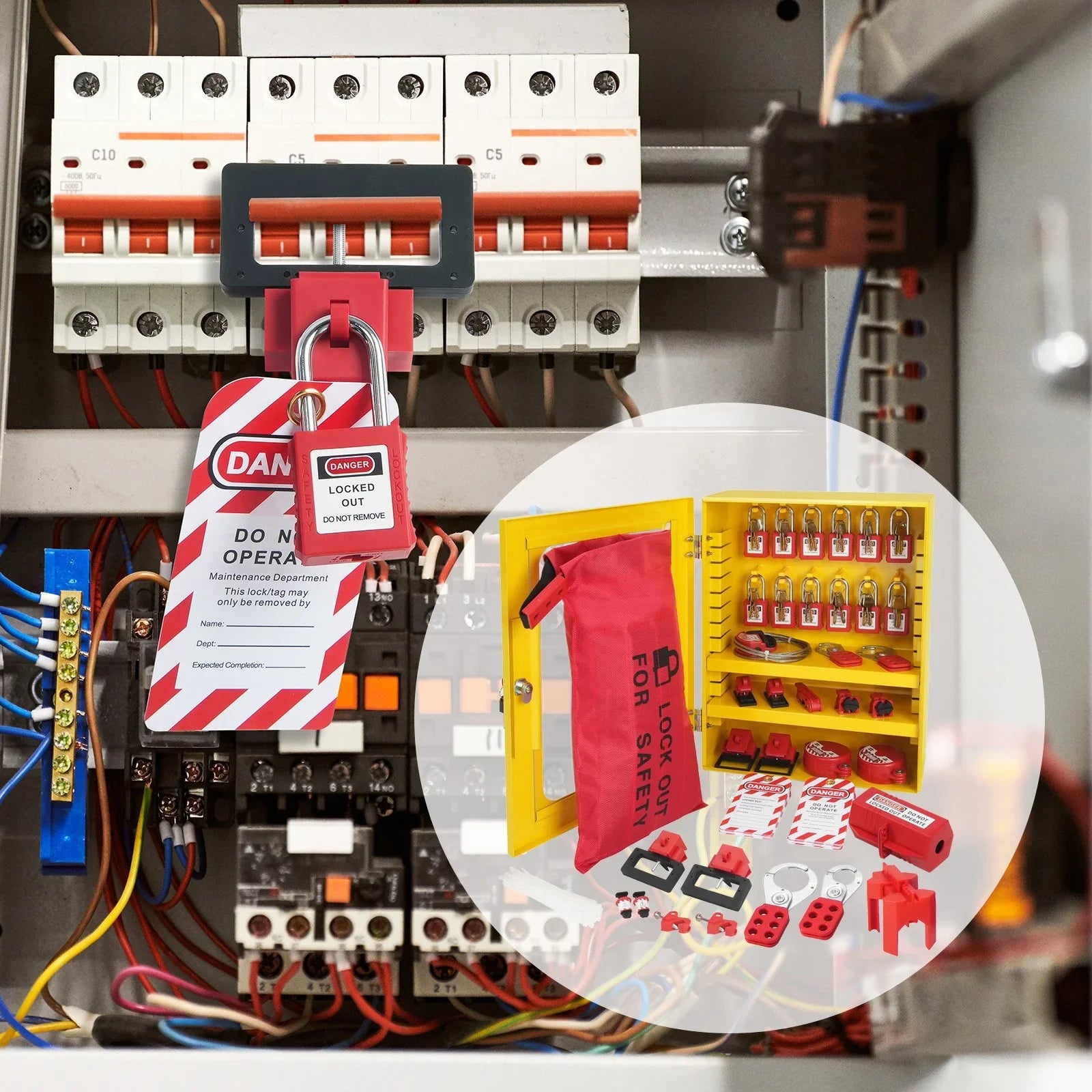 Electrical Lockout Tagout Kit, 59 PCS Safety Lockout Tagout Station With Padlocks, Hasps, Tags, Ties, Plug Lockout, Circuit Breaker Lockouts, Valve Lockouts, Cable Lockout, Lockout Bag, Box