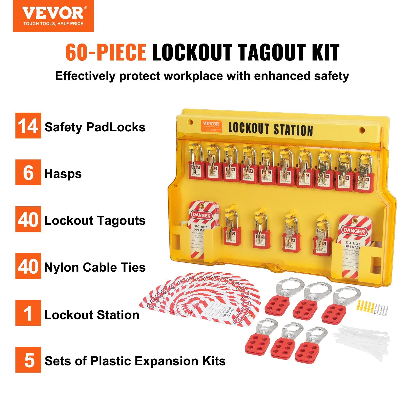 Electrical Lockout Tagout Kit, 60 PCS Safety Lockout Tagout Station Includes Padlocks, Hasps, Tags, Nylon Ties, Expansion Kit, and Lockout Station Board, for Industrial, Electric Power