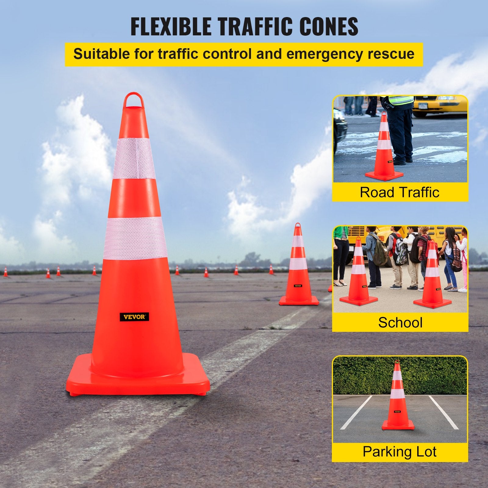 Safety Cones, 10PCS 28\" Traffic Cones, PVC Orange Construction Cones, 2 Reflective Collars Traffic Cones with Weighted Base and Hand-Held Ring Used for Traffic Control, Driveway Road Parking