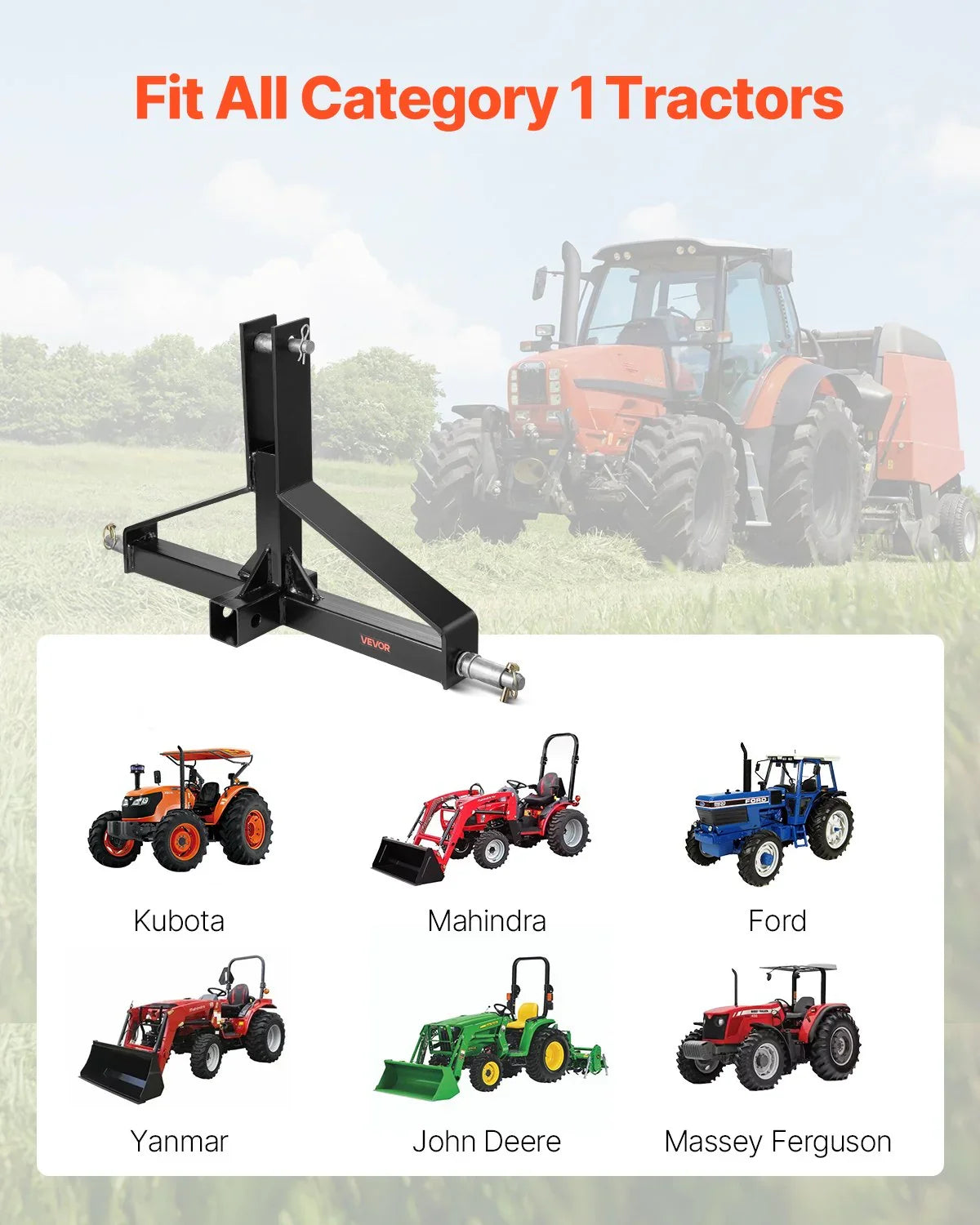 3 Point Trailer Hitch with 2 in Receiver, 3pt Quick Hitch Attachment for Category 1 Tractor, 3000lbs Capacity, Tow Drawbar Adapter, Compatible with Kubota, Mahindra, Ford, Yanmar, John Deere