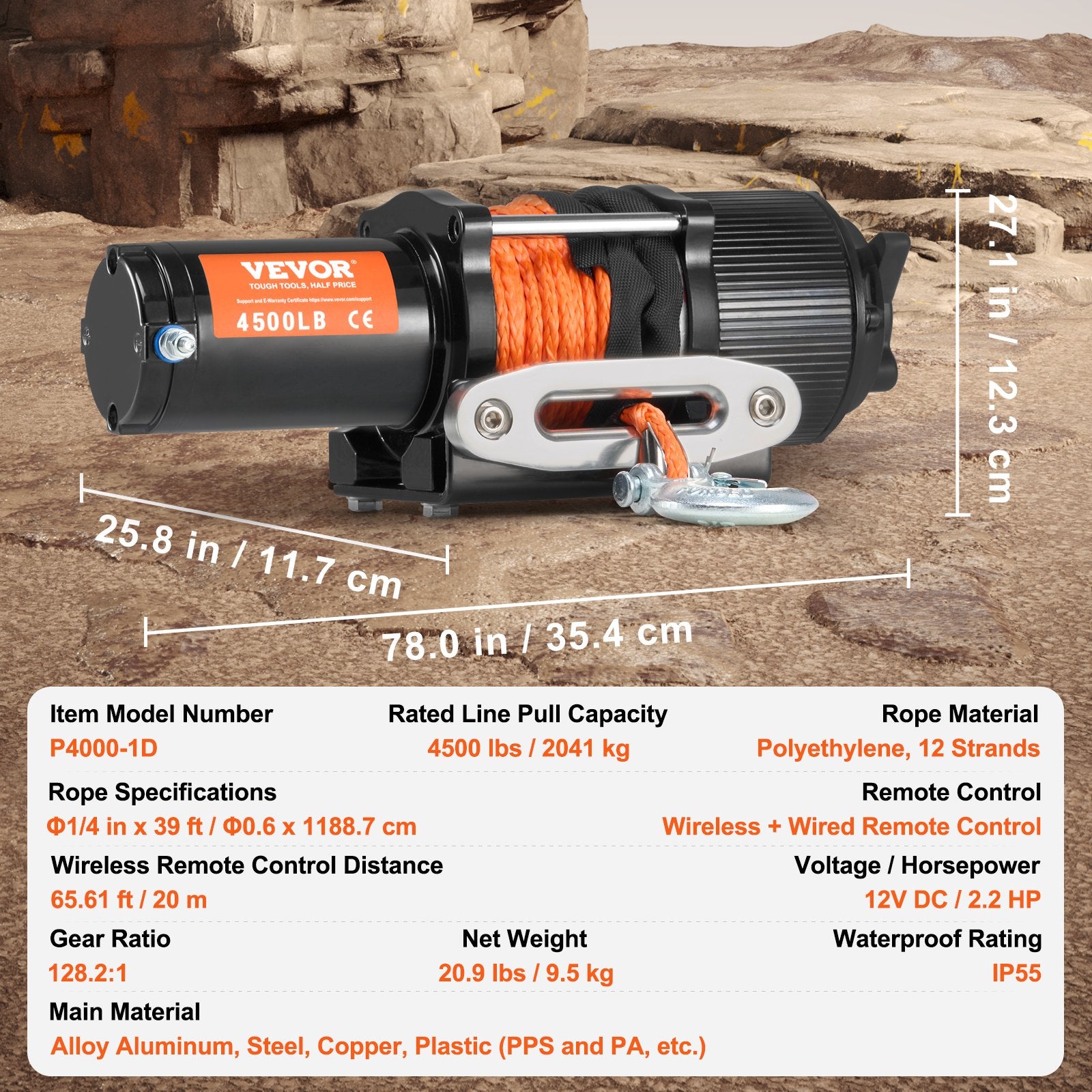 Electric Winch ATV UTV 2041 kg Synthetic Rope Waterproof Remote Control