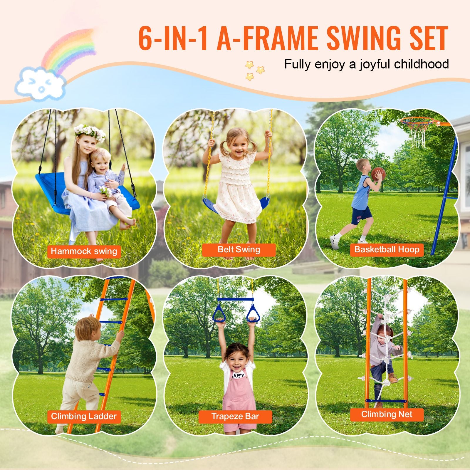 Swing Sets for Backyard 6 in 1 Swing Set 440lbs Capacity Metal Swingset