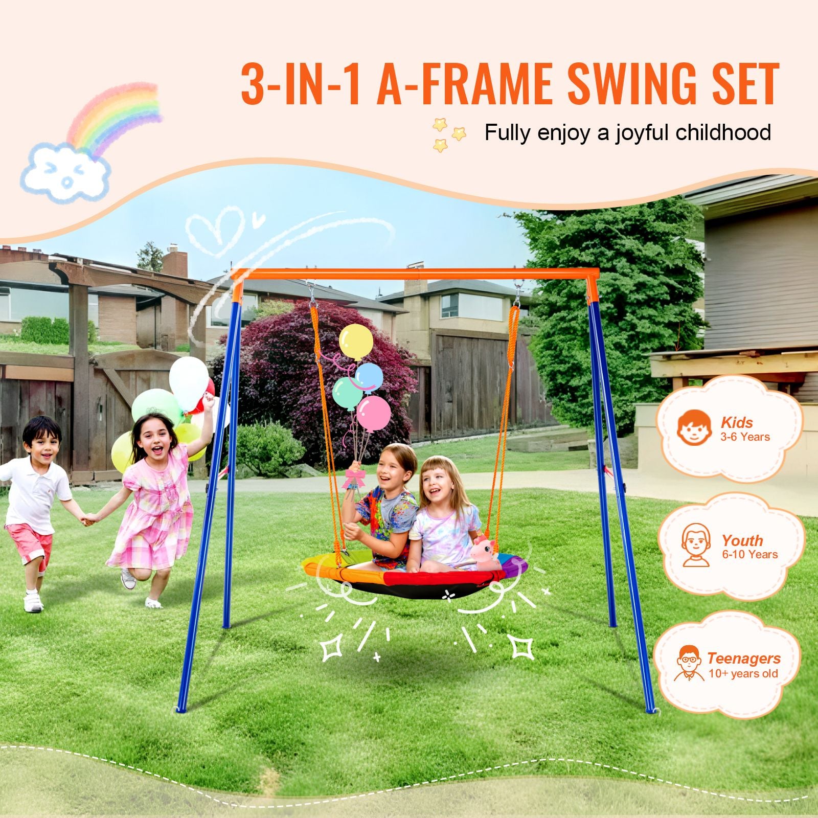 Swing Sets for Backyard 40in Saucer Swing Seat A-Frame Metal Stand 440lbs