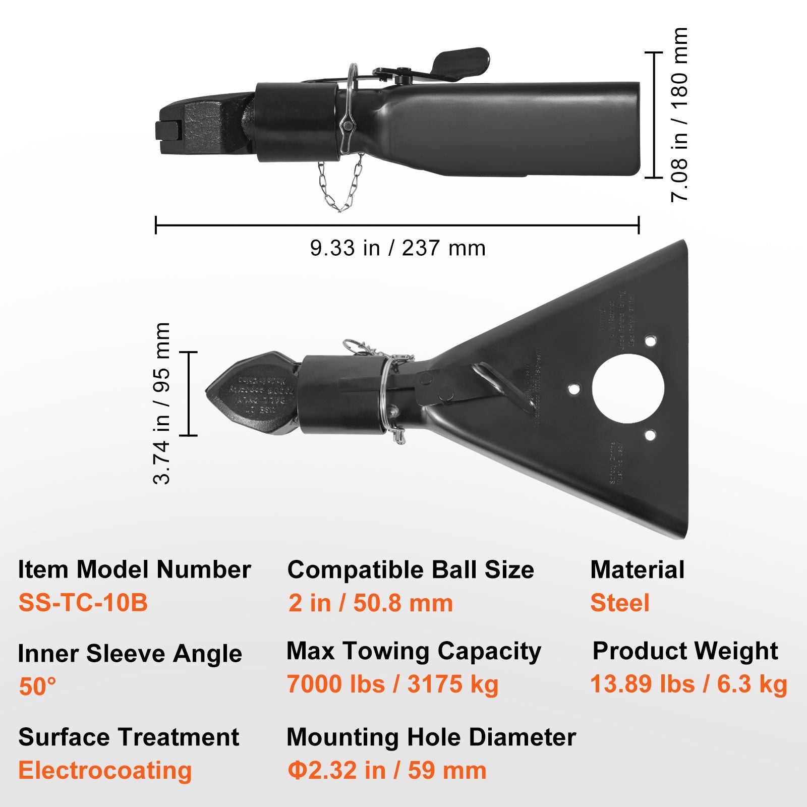 A-Frame Trailer Coupler 2 Inch Hitch Ball 7000lbs Heavy Duty Steel Black