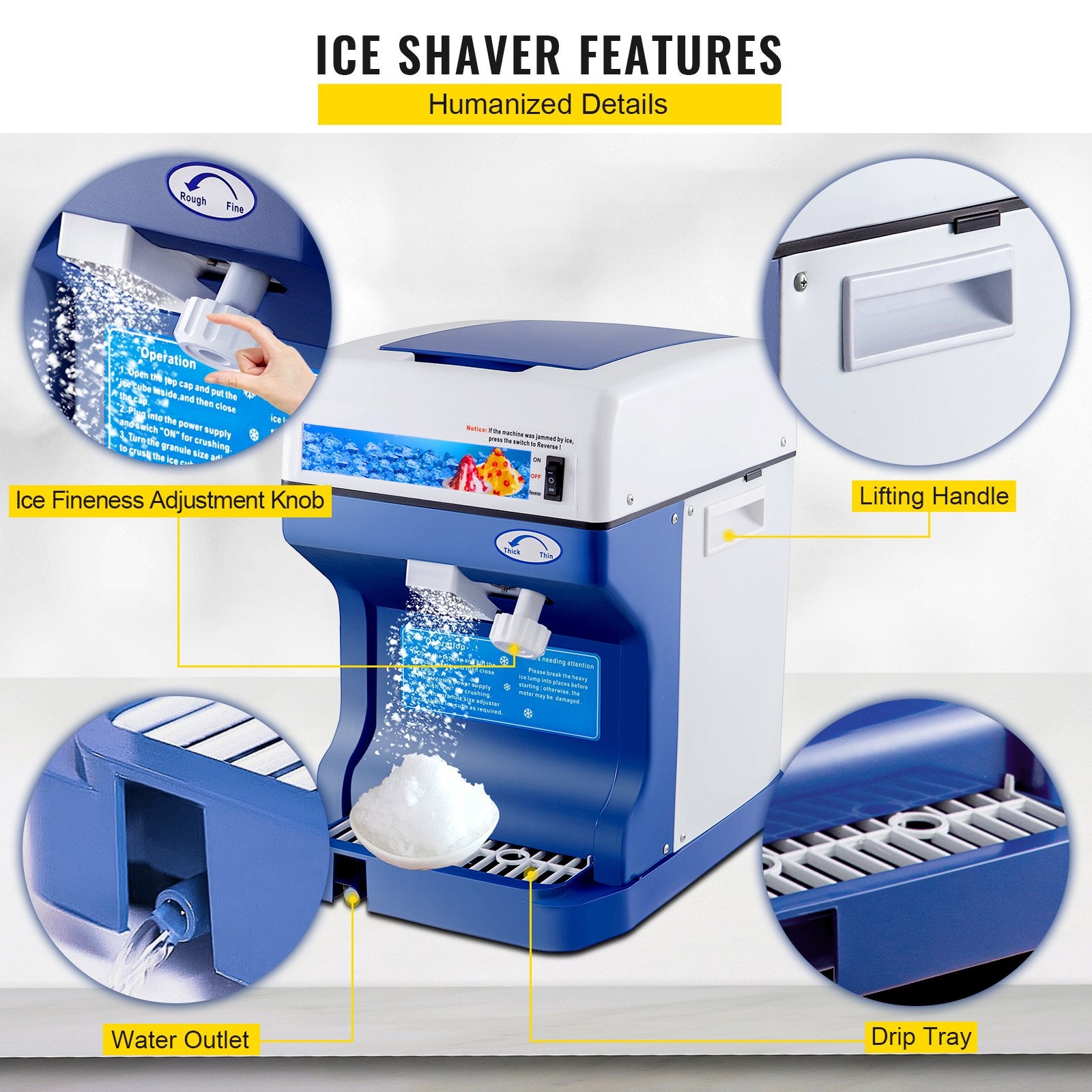 Ice Shaver 265LBS/Hour Snow Cone Frozen Ice Shaving Slushie Dessert Maker Stainless Steel Food Grade for Kitchen Home Bars