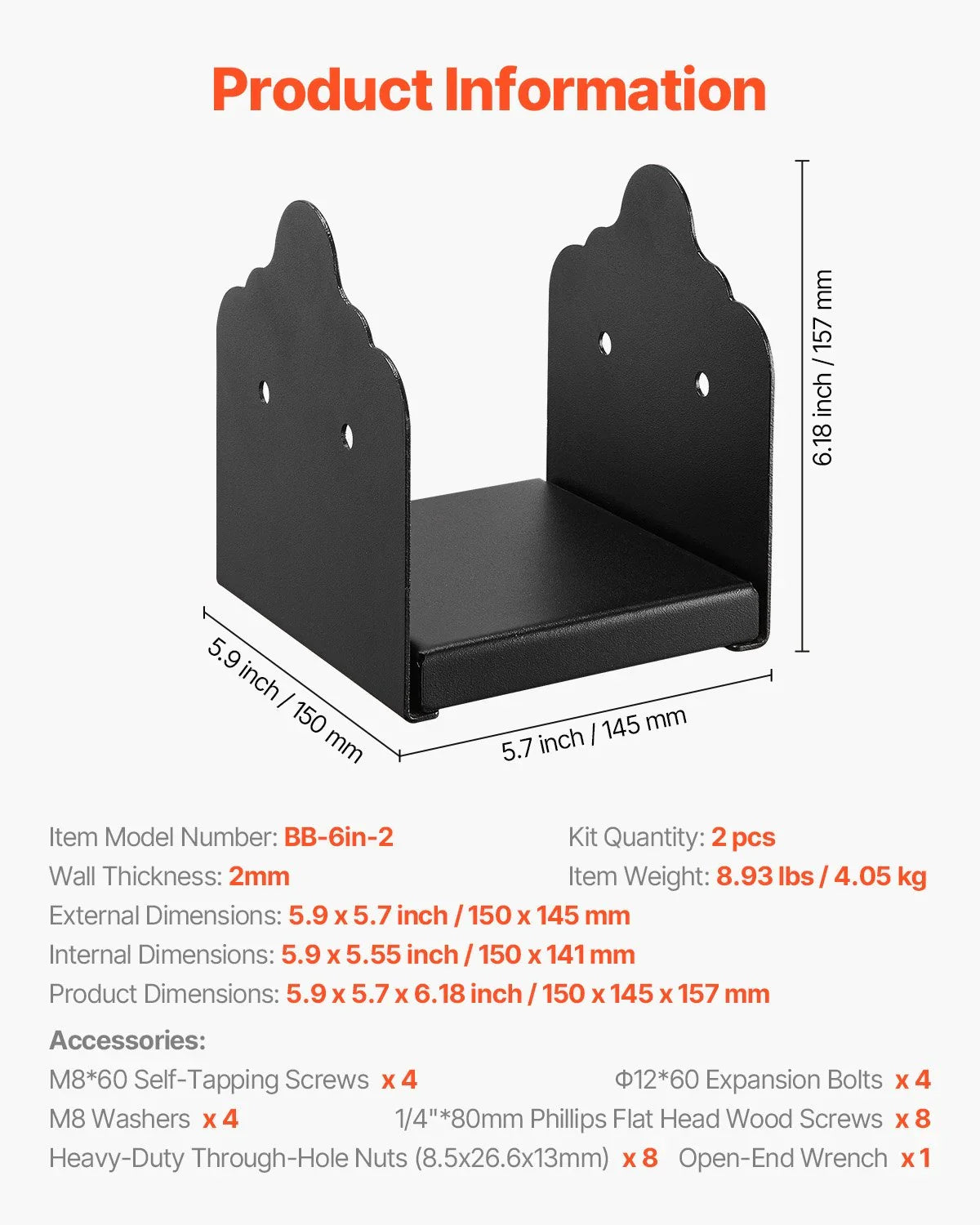 6x6 Post Base 2 Pcs, Inner Size 5.9x5.55 inch / 150x141 mm Post Brackets, Heavy Duty Carbon Steel Decking Posts, Wood Posts Brackets for Pavilion Deck Railing Support Deck Base Plate, Black