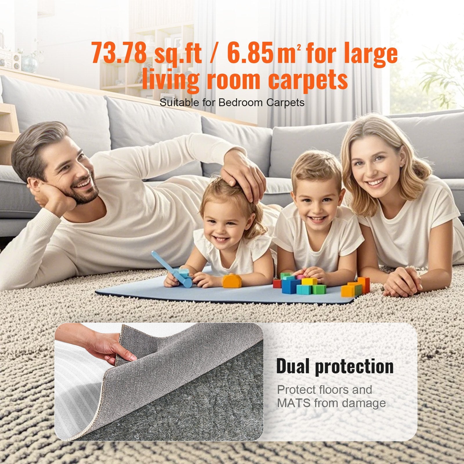 Rug Pad Without Slip Resistance, Protective Cushioning Carpet Pad, 8' x 10', 1/2