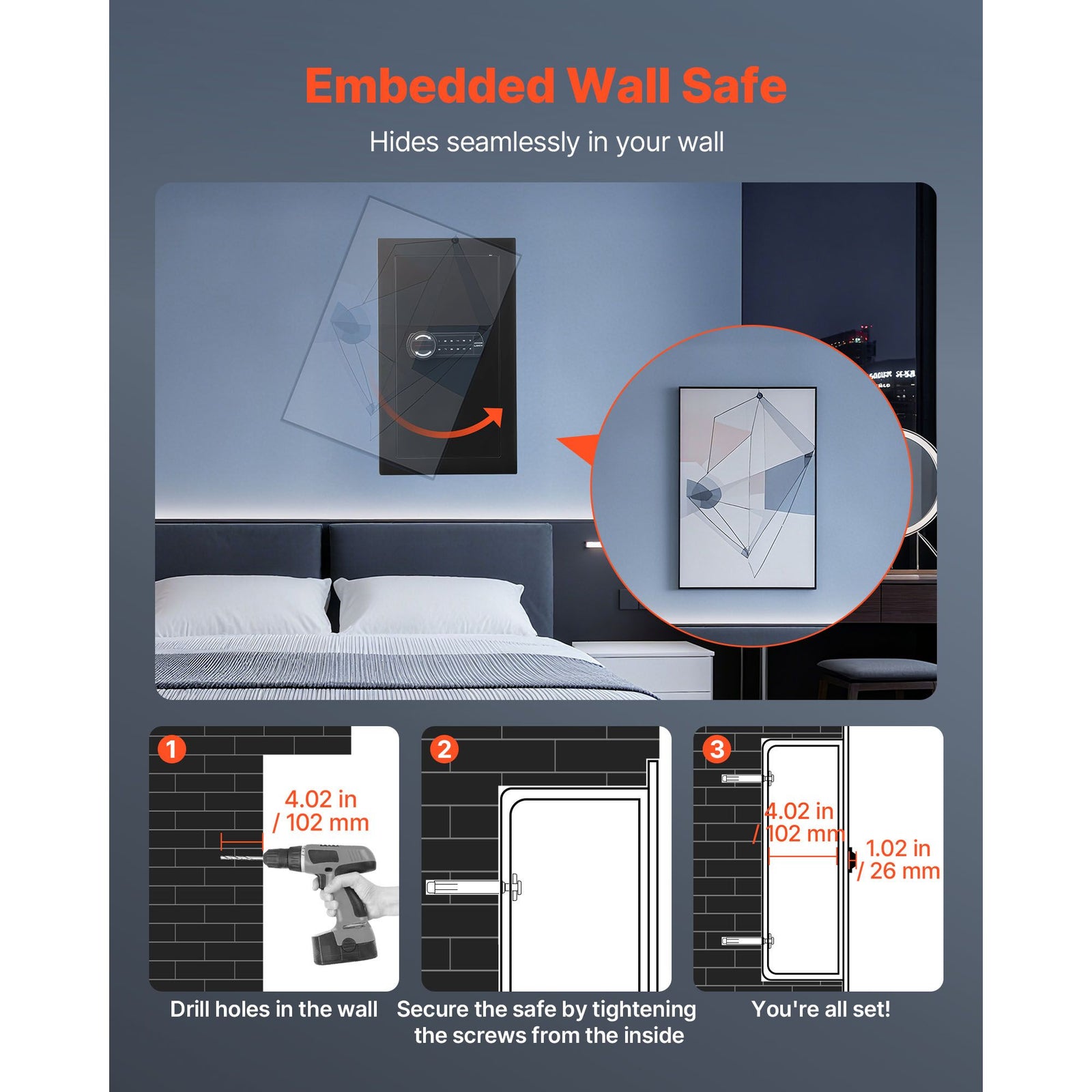 Wall Safe, 3-Tier Hidden Wall Mounted Safe with Password & Key, Q235 Cold-Rolled Steel In-Wall Box with LED Lighting, 2 Adjustable Shelves & 5 Key Holders for Money, Jewelry, Passport, Black