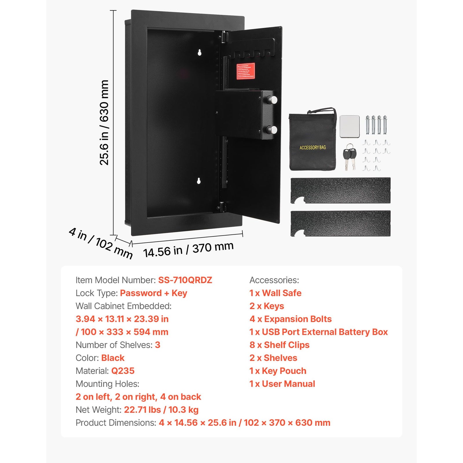 Wall Safe, 3-Tier Hidden Wall Mounted Safe with Password & Key, Q235 Cold-Rolled Steel In-Wall Box with LED Lighting, 2 Adjustable Shelves & 5 Key Holders for Money, Jewelry, Passport, Black