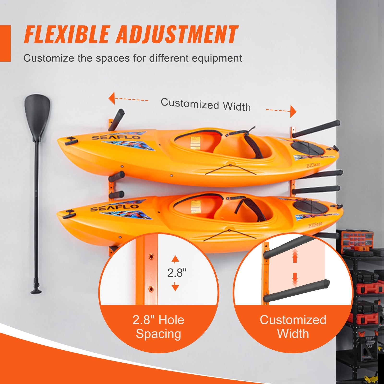 Wall Kayak Storage Rack, 4-Capacity Wall Mounted Kayak Holders for Kayak Canoe Paddle Board, Kayak Storage Hooks with Adjustable Padded Arms, 181.6 KG Load Kayak Hanger for Indoor Outdoor Garage