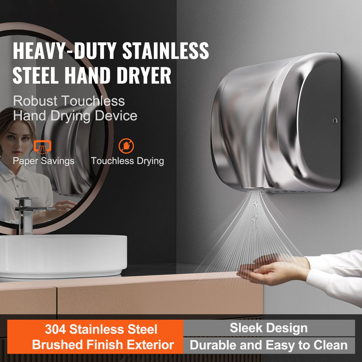 1800W Commercial Automatic Hand Dryer Stainless Steel High Speed HEPA