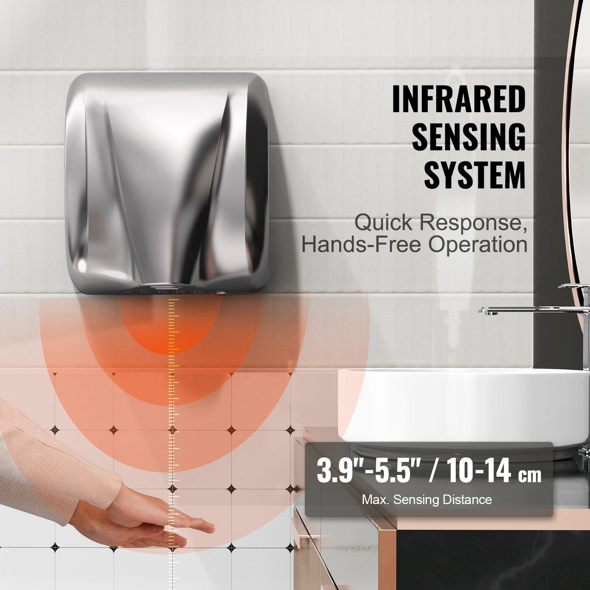 1800W Commercial Automatic Hand Dryer Stainless Steel High Speed HEPA
