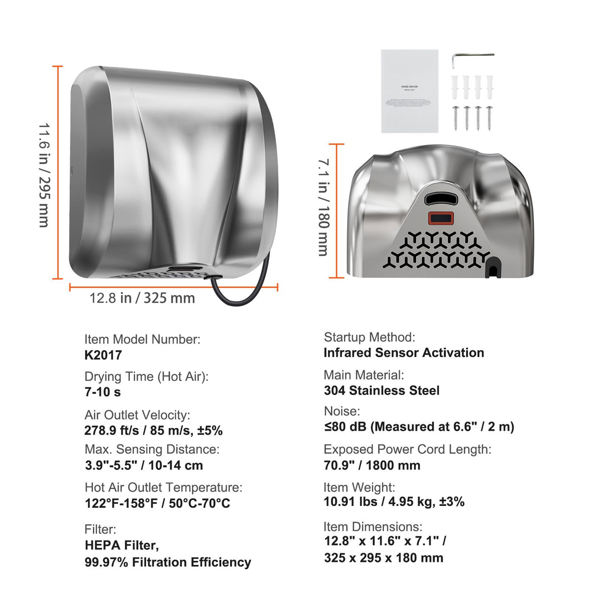 1800W Commercial Automatic Hand Dryer Stainless Steel High Speed HEPA