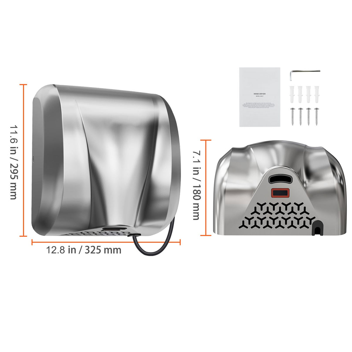 1800W Commercial Automatic Hand Dryer Stainless Steel High Speed HEPA