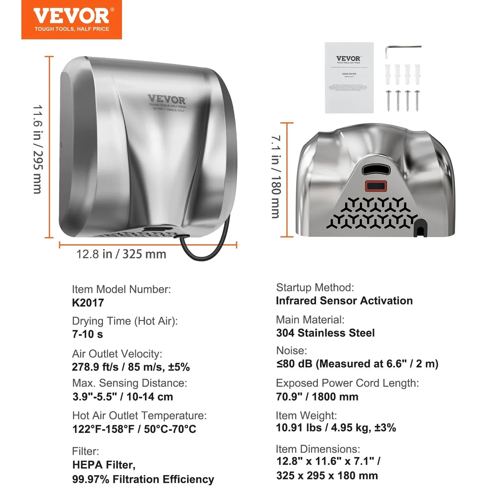 Heavy Duty Commercial Hand Dryer, 1800W Automatic High Speed Stainless Steel Warm Wind Hand Blower, 220V-240V Plug In/Hardwired Two Power Options, Compliant for Industry Business Restrooms