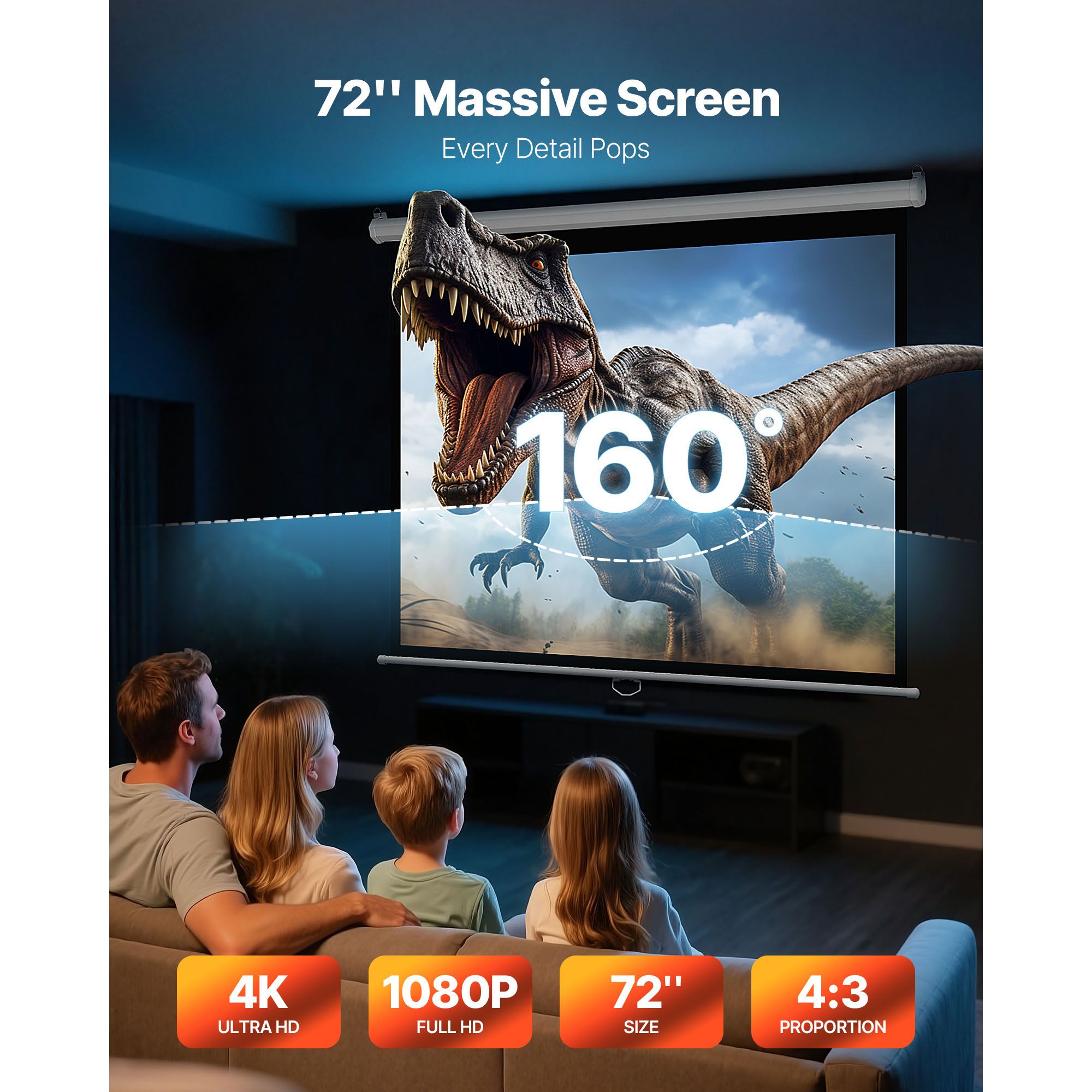 Manual Pull Down Projector Screen 1829mm 4:3 4K HD Wall Mount Retractable Screen