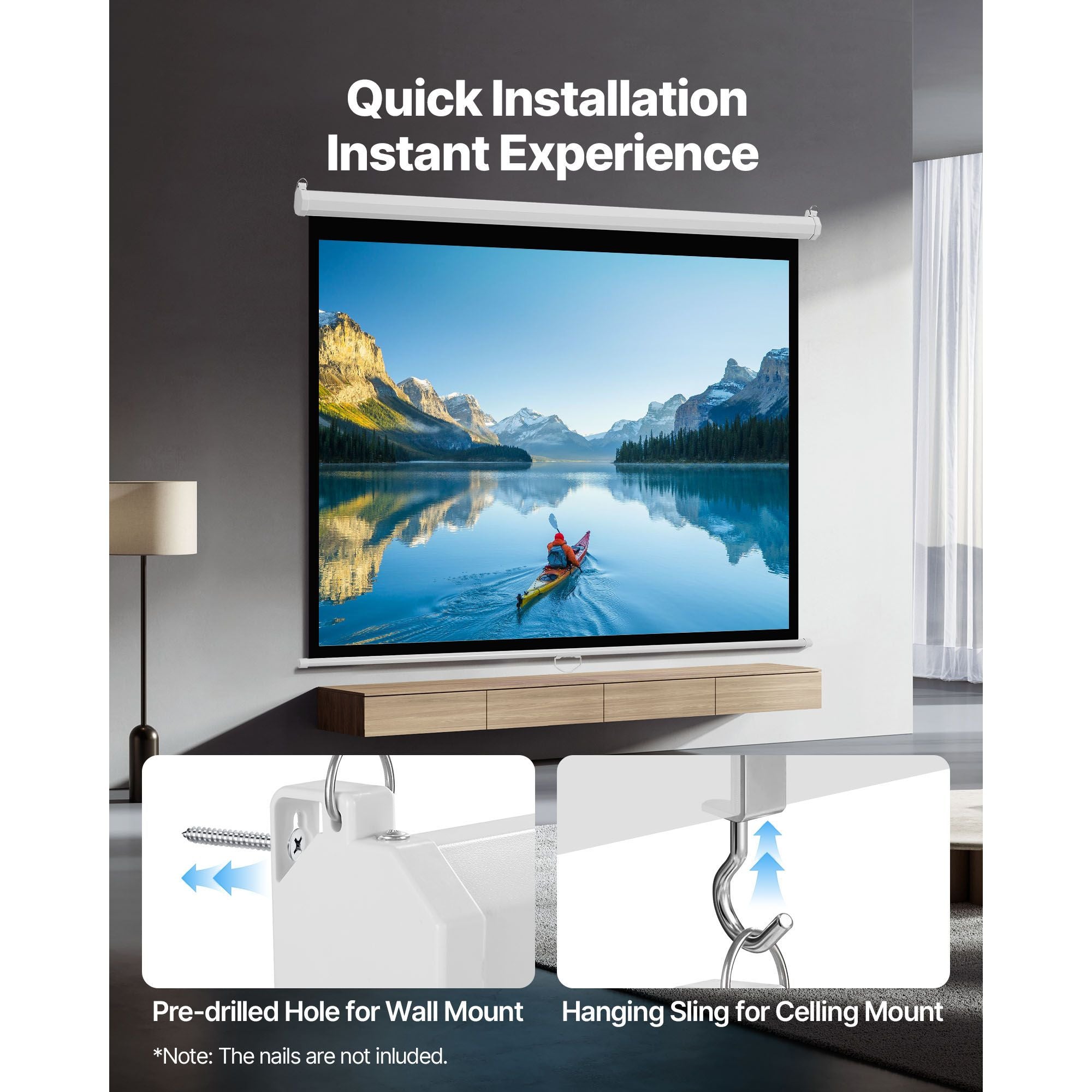 Manual Pull Down Projector Screen 1829mm 4:3 4K HD Wall Mount Retractable Screen