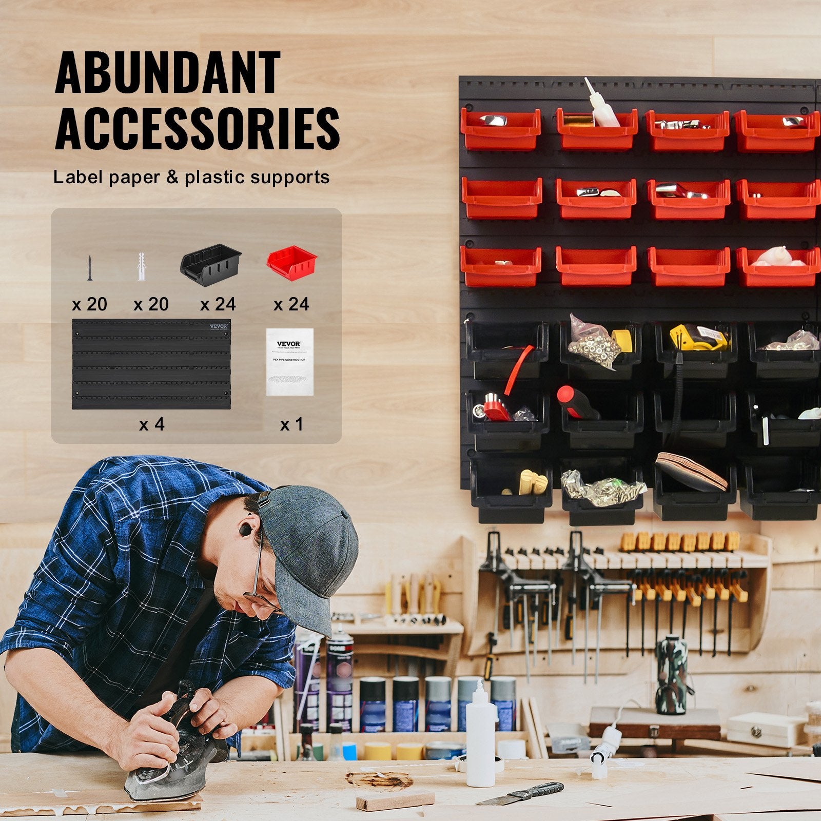 Wall Mounted Storage Bins, 48-Bin Parts Rack Organizer Garage Plastic Shop Tool with Wall Panels, Tool Organizer for Nuts, Bolts, Screws, Nails, Beads, Buttons, Other Small Parts, Black and Red