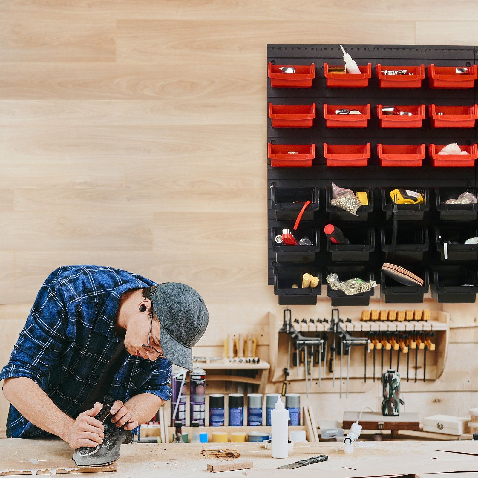 Wall Mounted Storage Bins, 48-Bin Parts Rack Organizer Garage Plastic Shop Tool with Wall Panels, Tool Organizer for Nuts, Bolts, Screws, Nails, Beads, Buttons, Other Small Parts, Black and Red