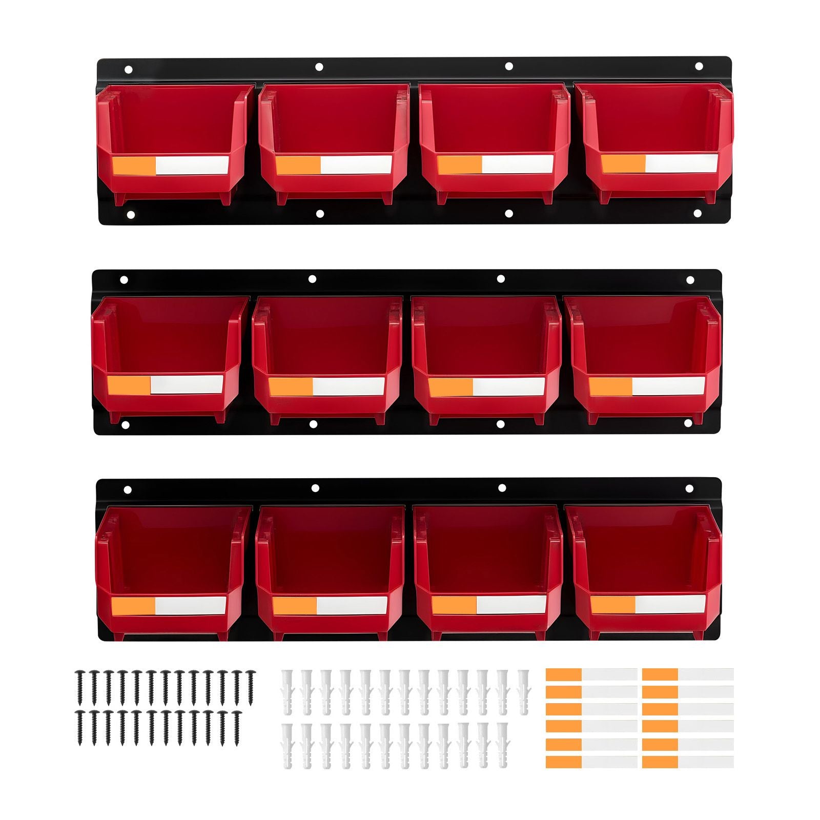 Wall Mounted Storage Bins 12 Pack with Metal Rails Tool Organizer