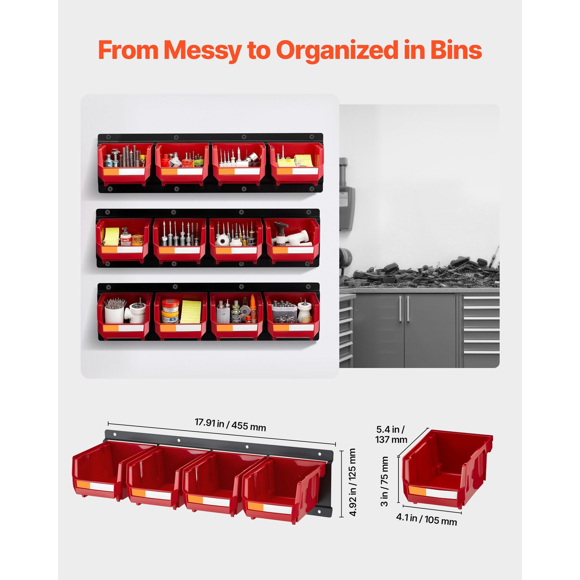 Wall Mounted Storage Bins 12 Pack with Metal Rails Tool Organizer